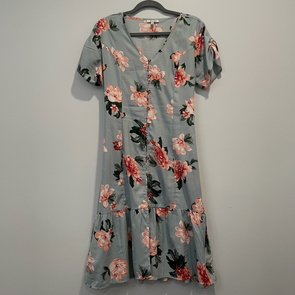 Knee Length Dusty Blue Floral Dress Midi